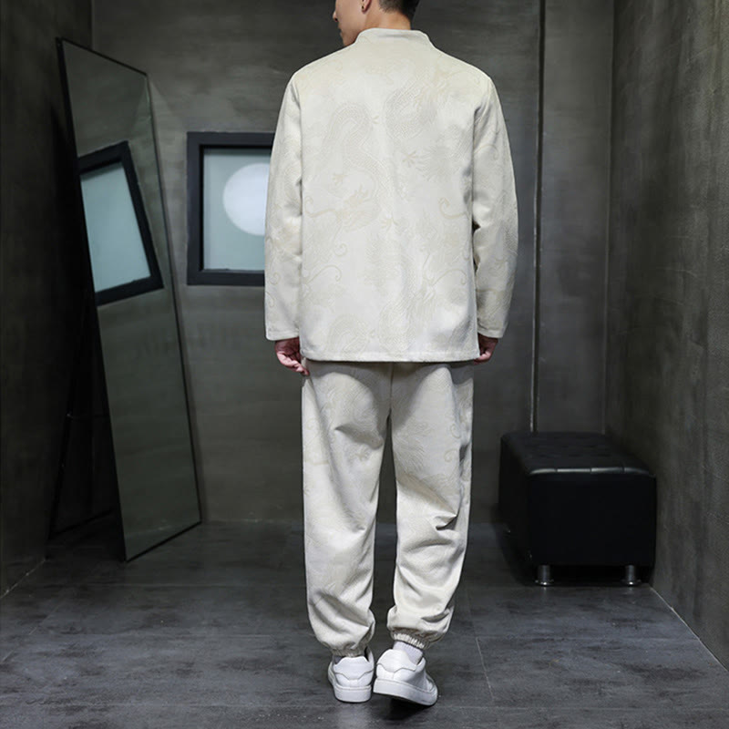 Buddha Stones 2Pcs Spring Dragon Bamboo Clouds Men's Tang Suit Frog-Button Cotton Long Sleeve Jacket Pants Set With Pockets - image 3