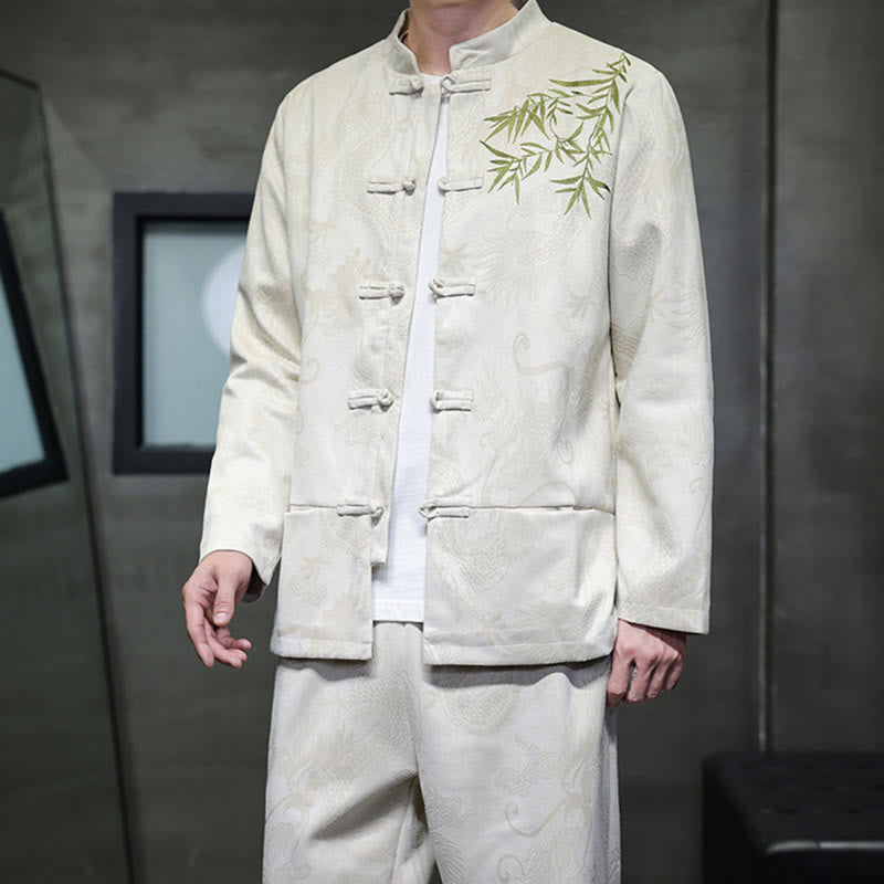 Buddha Stones 2Pcs Spring Dragon Bamboo Clouds Men's Tang Suit Frog-Button Cotton Long Sleeve Jacket Pants Set With Pockets - image 6