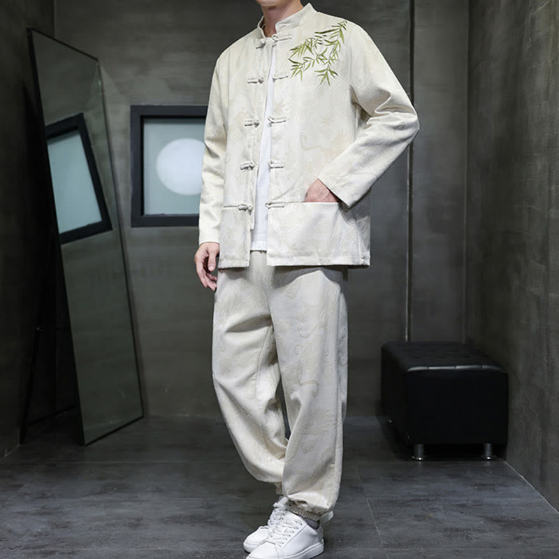 Buddha Stones 2Pcs Spring Dragon Bamboo Clouds Men's Tang Suit Frog-Button Cotton Long Sleeve Jacket Pants Set With Pockets - image 4