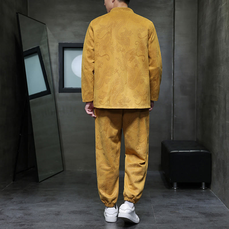 Buddha Stones 2Pcs Spring Dragon Bamboo Clouds Men's Tang Suit Frog-Button Cotton Long Sleeve Jacket Pants Set With Pockets - image 11