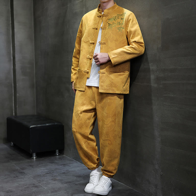 Buddha Stones 2Pcs Spring Dragon Bamboo Clouds Men's Tang Suit Frog-Button Cotton Long Sleeve Jacket Pants Set With Pockets - image 12