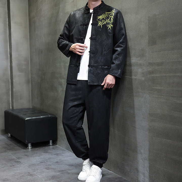 Buddha Stones 2Pcs Spring Dragon Bamboo Clouds Men's Tang Suit Frog-Button Cotton Long Sleeve Jacket Pants Set With Pockets - image 25