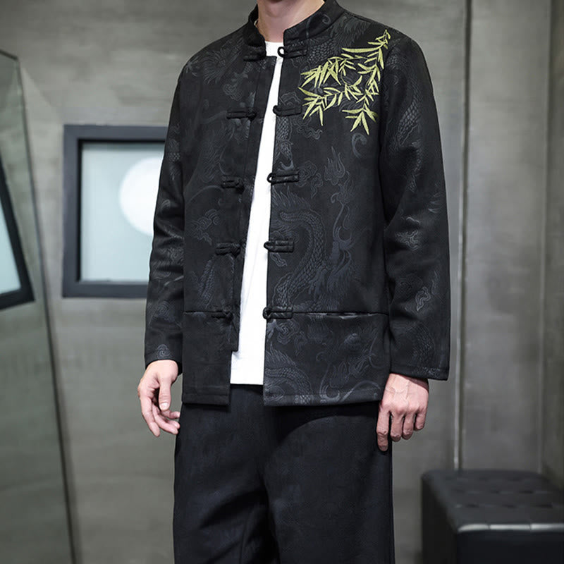 Buddha Stones 2Pcs Spring Dragon Bamboo Clouds Men's Tang Suit Frog-Button Cotton Long Sleeve Jacket Pants Set With Pockets - image 29