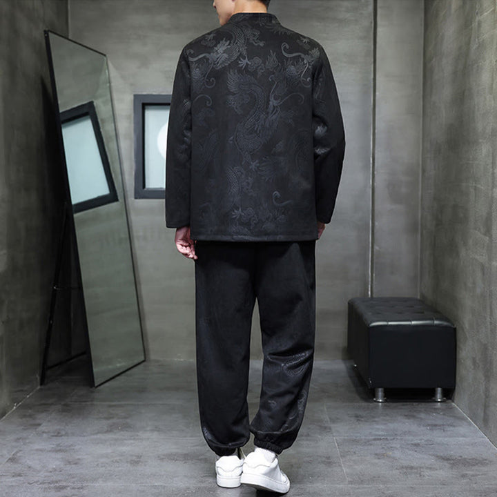 Buddha Stones 2Pcs Spring Dragon Bamboo Clouds Men's Tang Suit Frog-Button Cotton Long Sleeve Jacket Pants Set With Pockets - image 24