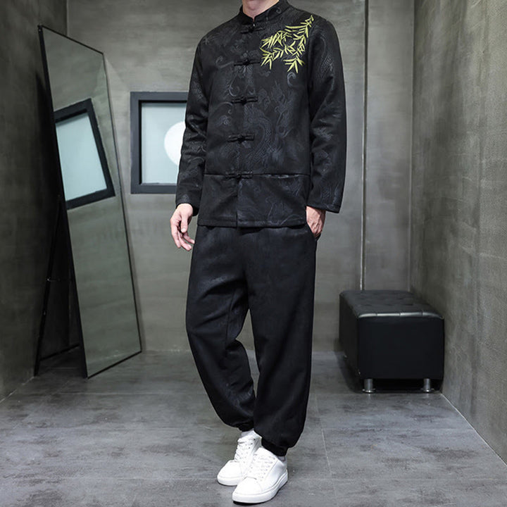 Buddha Stones 2Pcs Spring Dragon Bamboo Clouds Men's Tang Suit Frog-Button Cotton Long Sleeve Jacket Pants Set With Pockets - image 26