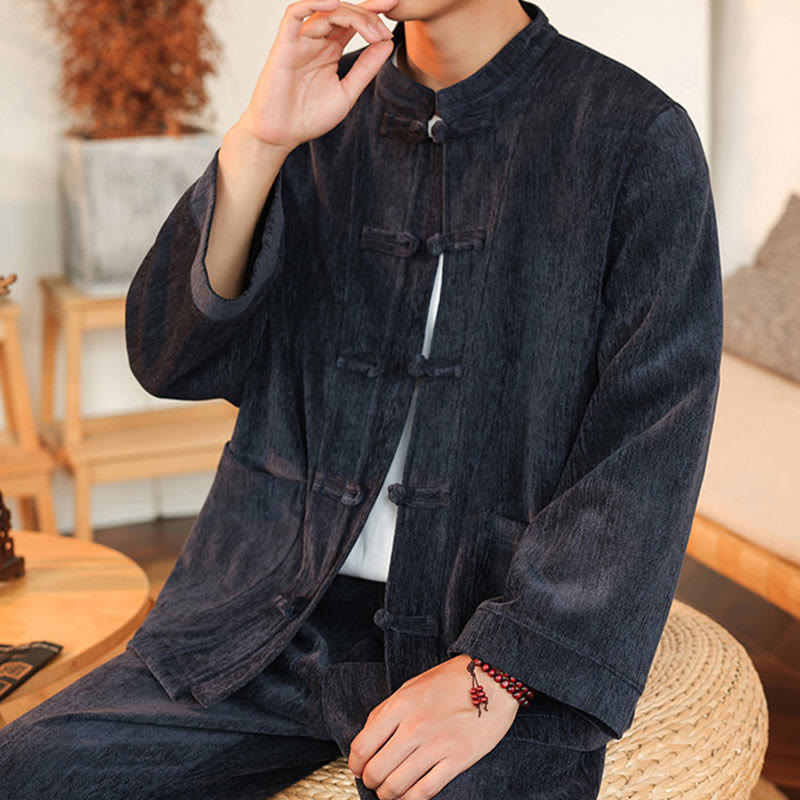 Buddha Stones 2Pcs Winter Thick Men's Tang Suit Frog-Button Cotton Corduroy Long Sleeve Jacket Pants Set With Pockets - image 6