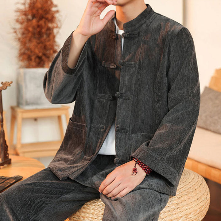 Buddha Stones 2Pcs Winter Thick Men's Tang Suit Frog-Button Cotton Corduroy Long Sleeve Jacket Pants Set With Pockets - image 16