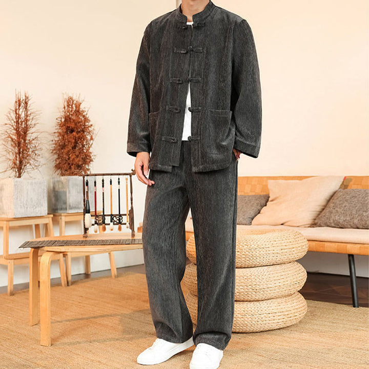 Buddha Stones 2Pcs Winter Thick Men's Tang Suit Frog-Button Cotton Corduroy Long Sleeve Jacket Pants Set With Pockets - image 14