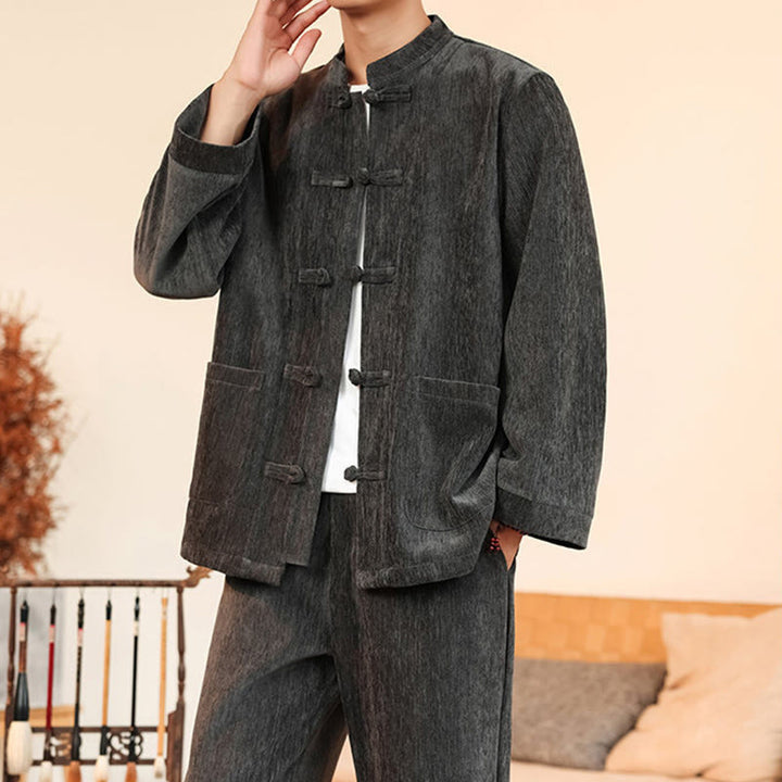 Buddha Stones 2Pcs Winter Thick Men's Tang Suit Frog-Button Cotton Corduroy Long Sleeve Jacket Pants Set With Pockets - image 17