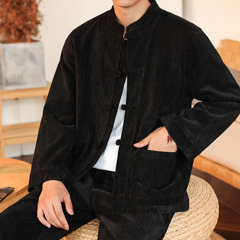 Buddha Stones 2Pcs Winter Thick Men's Tang Suit Frog-Button Cotton Corduroy Long Sleeve Jacket Pants Set With Pockets - image 29