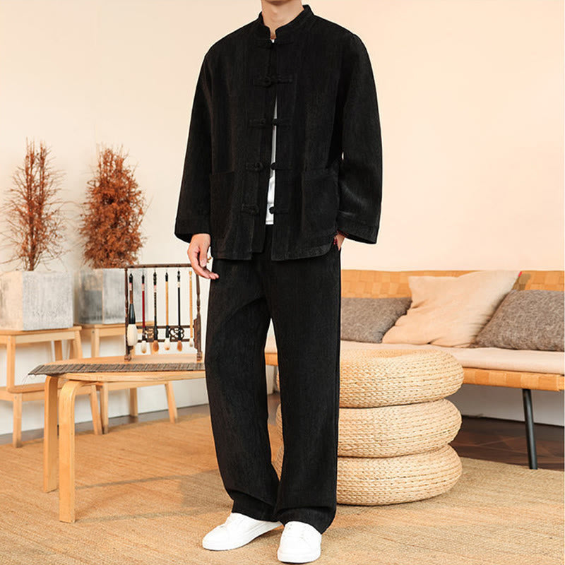 Buddha Stones 2Pcs Winter Thick Men's Tang Suit Frog-Button Cotton Corduroy Long Sleeve Jacket Pants Set With Pockets - image 27