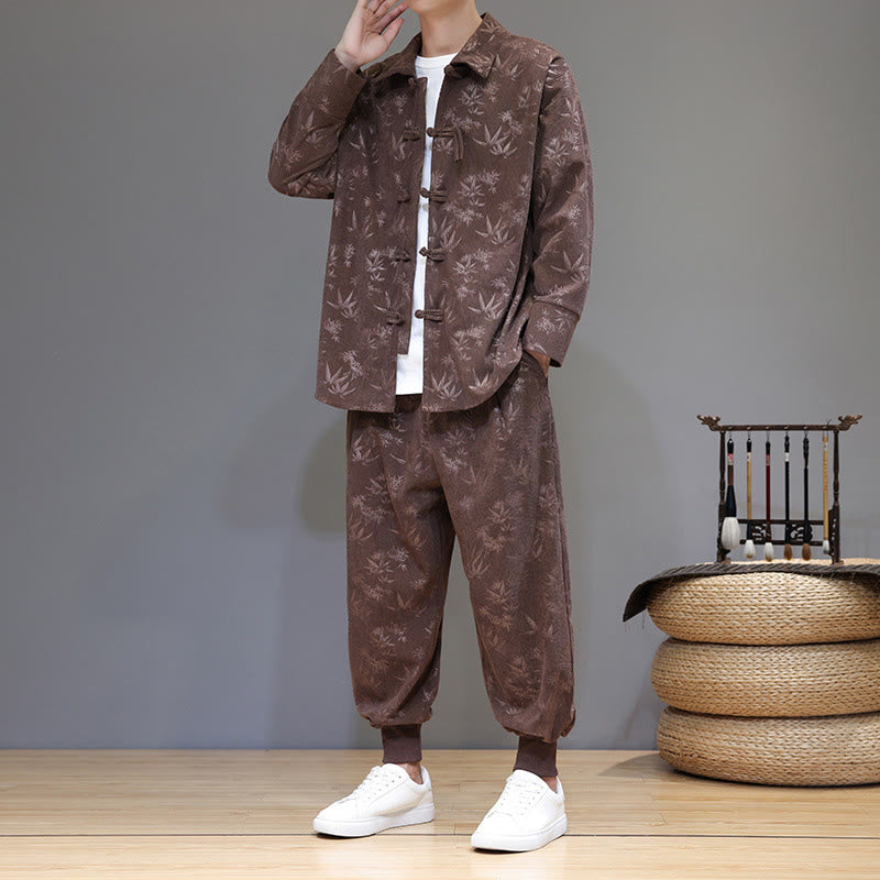 Buddha Stones 2Pcs Winter Thick Bamboo Men's Tang Suit Frog-Button Cotton Corduroy Long Sleeve Jacket Pants Set With Pockets - Sienna - US/UK/AU46，EU56 (5XL) - image 30