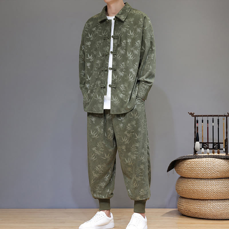 Buddha Stones 2Pcs Winter Thick Bamboo Men's Tang Suit Frog-Button Cotton Corduroy Long Sleeve Jacket Pants Set With Pockets - image 6