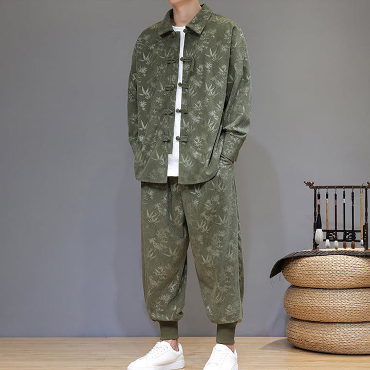 Buddha Stones 2Pcs Winter Thick Bamboo Men's Tang Suit Frog-Button Cotton Corduroy Long Sleeve Jacket Pants Set With Pockets - image 6
