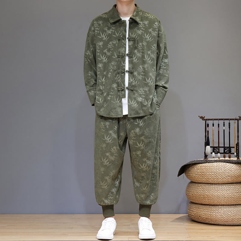 Buddha Stones 2Pcs Winter Thick Bamboo Men's Tang Suit Frog-Button Cotton Corduroy Long Sleeve Jacket Pants Set With Pockets - image 1