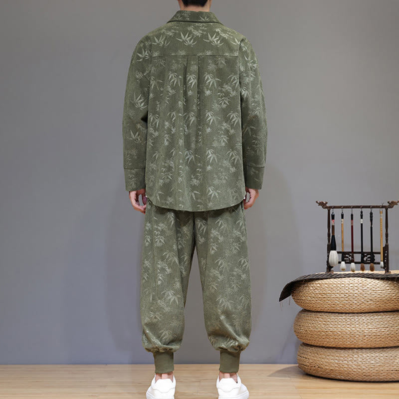 Buddha Stones 2Pcs Winter Thick Bamboo Men's Tang Suit Frog-Button Cotton Corduroy Long Sleeve Jacket Pants Set With Pockets - image 3