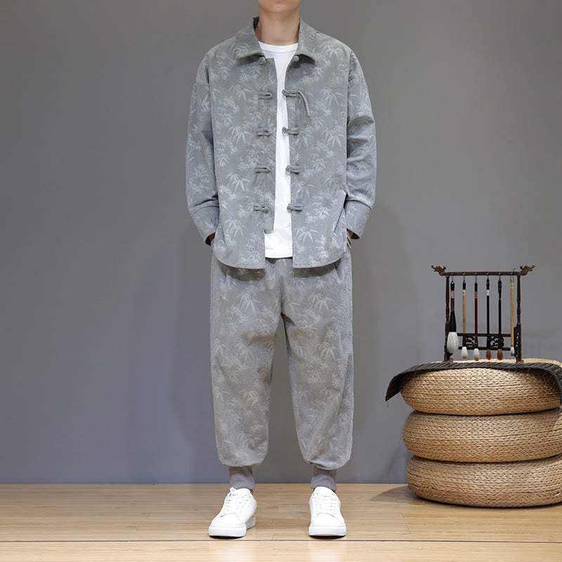 Buddha Stones 2Pcs Winter Thick Bamboo Men's Tang Suit Frog-Button Cotton Corduroy Long Sleeve Jacket Pants Set With Pockets - image 12