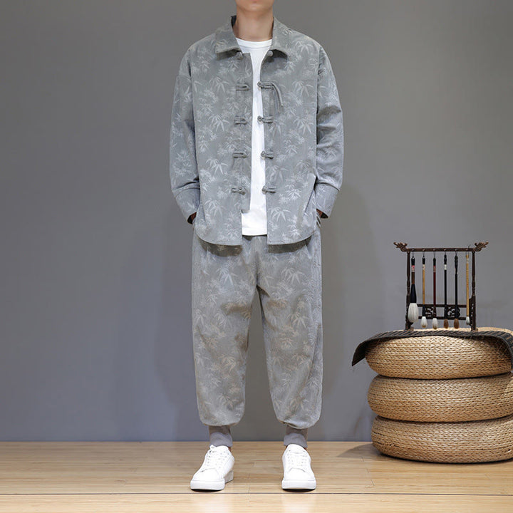 Buddha Stones 2Pcs Winter Thick Bamboo Men's Tang Suit Frog-Button Cotton Corduroy Long Sleeve Jacket Pants Set With Pockets - image 12