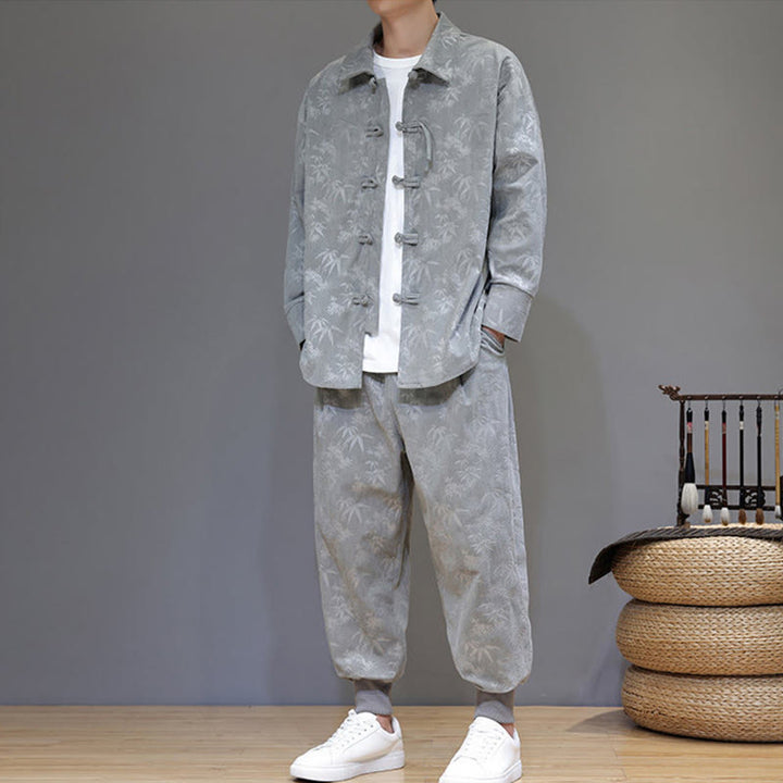 Buddha Stones 2Pcs Winter Thick Bamboo Men's Tang Suit Frog-Button Cotton Corduroy Long Sleeve Jacket Pants Set With Pockets - image 14