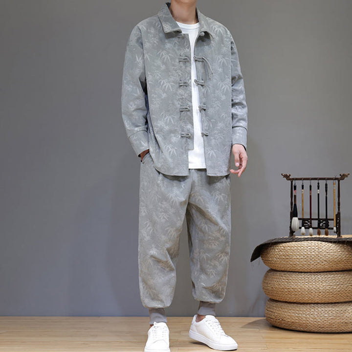 Buddha Stones 2Pcs Winter Thick Bamboo Men's Tang Suit Frog-Button Cotton Corduroy Long Sleeve Jacket Pants Set With Pockets - image 15