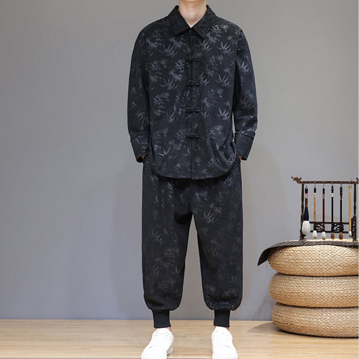 Buddha Stones 2Pcs Winter Thick Bamboo Men's Tang Suit Frog-Button Cotton Corduroy Long Sleeve Jacket Pants Set With Pockets - image 28