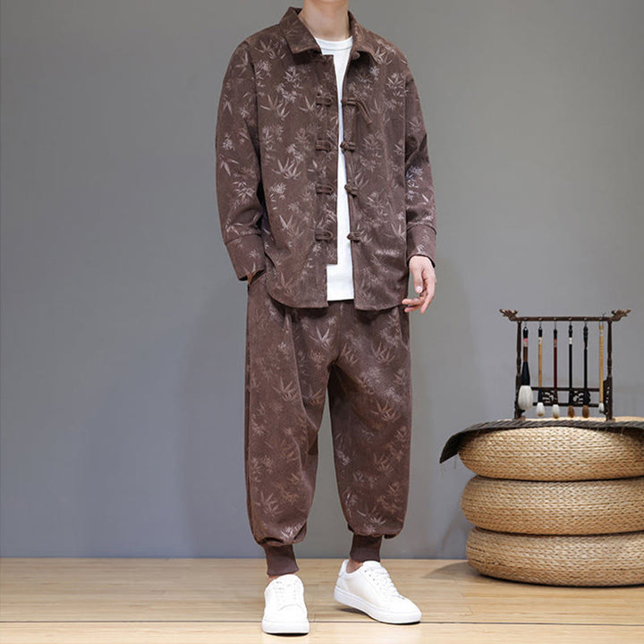 Buddha Stones 2Pcs Winter Thick Bamboo Men's Tang Suit Frog-Button Cotton Corduroy Long Sleeve Jacket Pants Set With Pockets - image 31