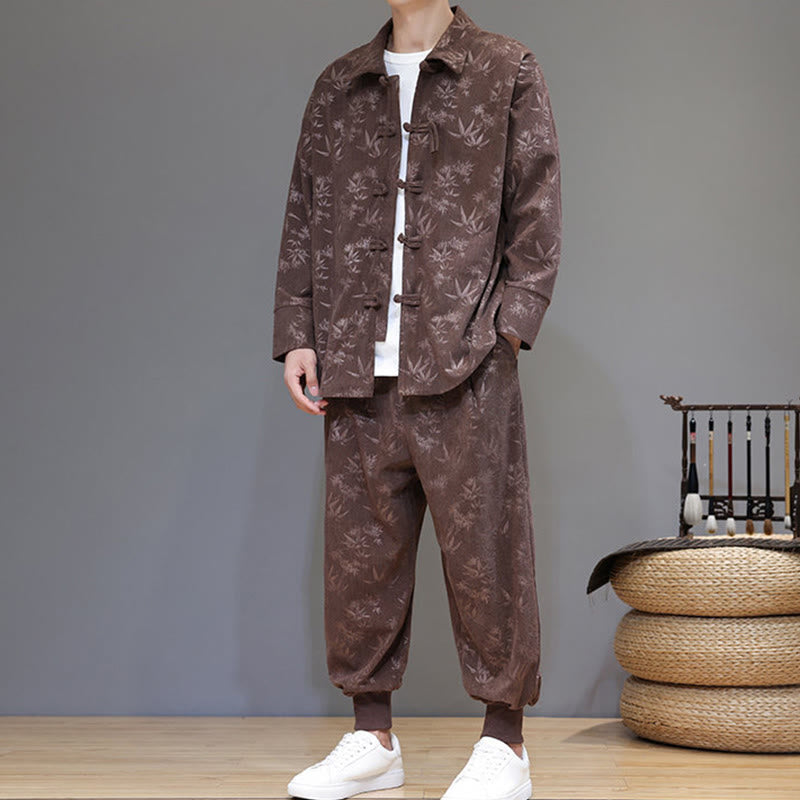 Buddha Stones 2Pcs Winter Thick Bamboo Men's Tang Suit Frog-Button Cotton Corduroy Long Sleeve Jacket Pants Set With Pockets - image 36
