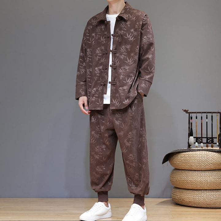 Buddha Stones 2Pcs Winter Thick Bamboo Men's Tang Suit Frog-Button Cotton Corduroy Long Sleeve Jacket Pants Set With Pockets - image 36