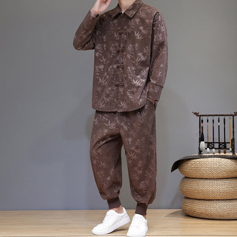 Buddha Stones 2Pcs Winter Thick Bamboo Men's Tang Suit Frog-Button Cotton Corduroy Long Sleeve Jacket Pants Set With Pockets - image 32