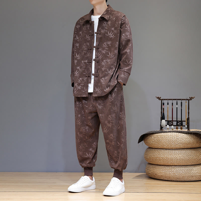 Buddha Stones 2Pcs Winter Thick Bamboo Men's Tang Suit Frog-Button Cotton Corduroy Long Sleeve Jacket Pants Set With Pockets - image 38