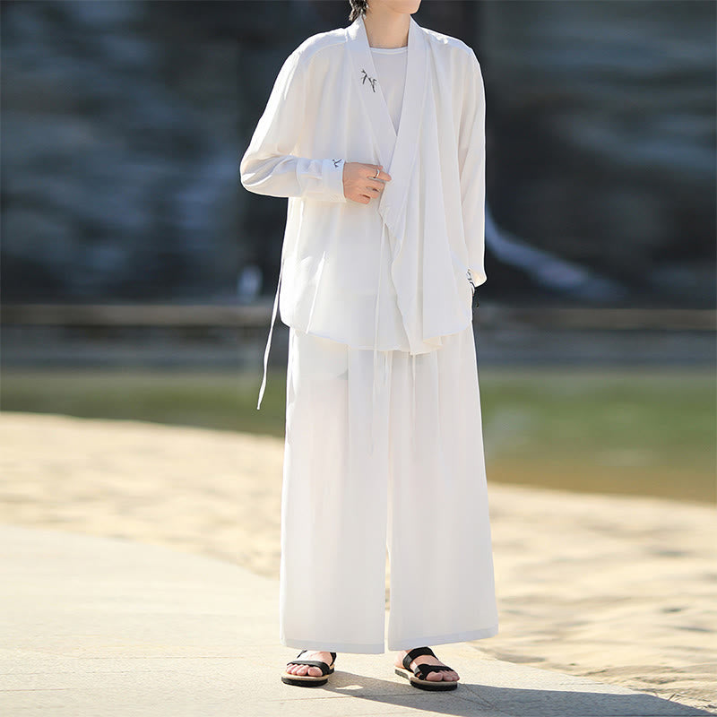 Buddha Stones 2Pcs Fall Lace-up Bamboo Embroidery Cotton Kimono Ankle-Length Pants With Pockets Men's Meditation Cloth Set - White - US/UK/AU46，EU56 (5XL) - image 7