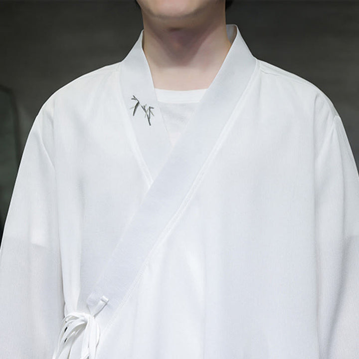 Buddha Stones 2Pcs Fall Lace-up Bamboo Embroidery Cotton Kimono Ankle-Length Pants With Pockets Men's Meditation Cloth Set - image 16