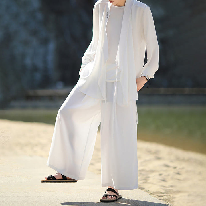 Buddha Stones 2Pcs Fall Lace-up Bamboo Embroidery Cotton Kimono Ankle-Length Pants With Pockets Men's Meditation Cloth Set - image 11