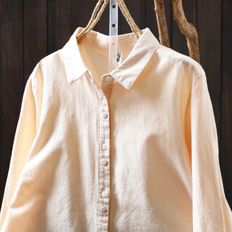 Buddha Stones Fall Solid Color Button Down Stand Collar Long Sleeve Women's Cotton Shirt - image 1