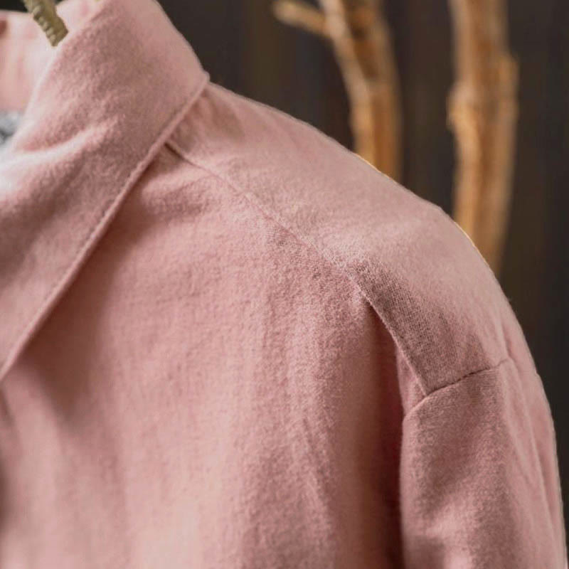 Buddha Stones Fall Solid Color Button Down Stand Collar Long Sleeve Women's Cotton Shirt - image 7