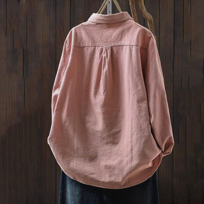 Buddha Stones Fall Solid Color Button Down Stand Collar Long Sleeve Women's Cotton Shirt - image 4