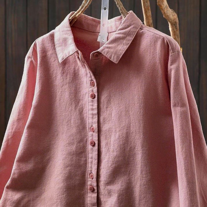 Buddha Stones Fall Solid Color Button Down Stand Collar Long Sleeve Women's Cotton Shirt - image 5