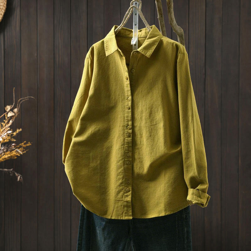 Buddha Stones Fall Solid Color Button Down Stand Collar Long Sleeve Women's Cotton Shirt - YellowGreen - US6，UK/AU10，EU38 (L) - image 20