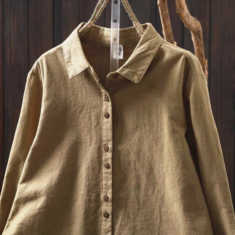 Buddha Stones Fall Solid Color Button Down Stand Collar Long Sleeve Women's Cotton Shirt - image 25
