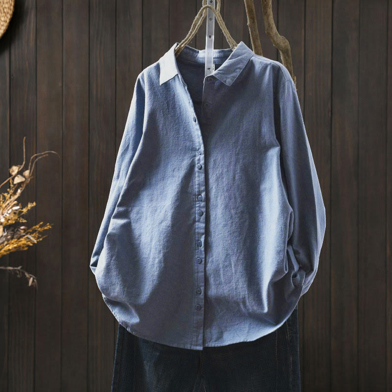 Buddha Stones Fall Solid Color Button Down Stand Collar Long Sleeve Women's Cotton Shirt - LightSkyBlue - US6，UK/AU10，EU38 (L) - image 26