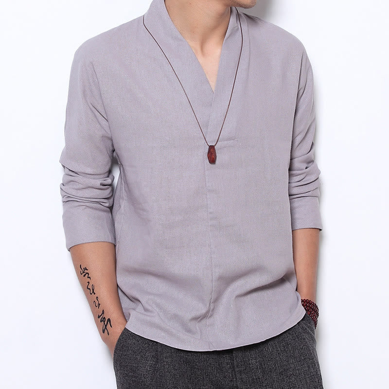 Buddha Stones Casual V-Neck Long Sleeve Shirt Linen Men Clothing - Gainsboro - US/UK/AU44，EU54 (5XL) - image 0