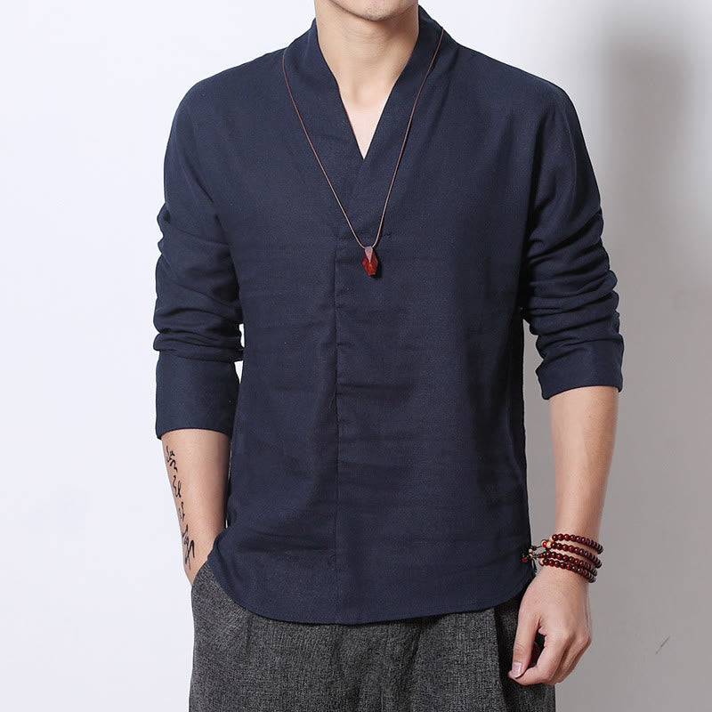 Buddha Stones Casual V-Neck Long Sleeve Shirt Linen Men Clothing - SteelBlue - US/UK/AU44，EU54 (5XL) - image 6