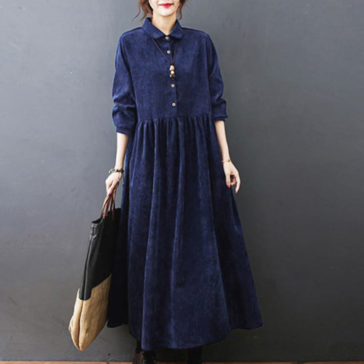Buddha Stones Fall Buttons Design Long Sleeve Cotton Corduroy Midi Dress With Pockets - MidnightBlue - US8-10，UK/AU12-14，EU40-42 (2XL) - image 21
