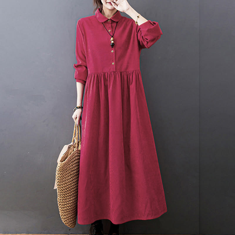 Buddha Stones Fall Buttons Design Long Sleeve Cotton Corduroy Midi Dress With Pockets - image 16
