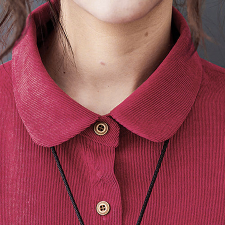 Buddha Stones Fall Buttons Design Long Sleeve Cotton Corduroy Midi Dress With Pockets - image 17