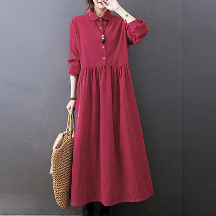 Buddha Stones Fall Buttons Design Long Sleeve Corduroy Midi Dress With Pockets - image 16