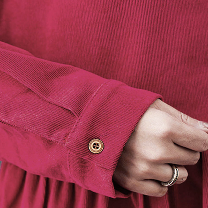 Buddha Stones Fall Buttons Design Long Sleeve Cotton Corduroy Midi Dress With Pockets - image 19