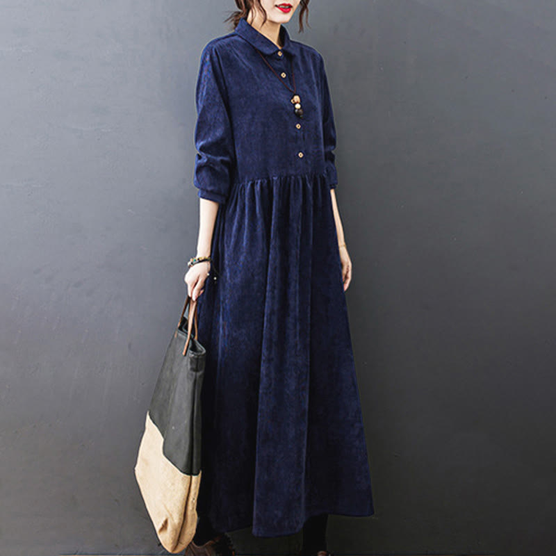 Buddha Stones Fall Buttons Design Long Sleeve Cotton Corduroy Midi Dress With Pockets - image 25
