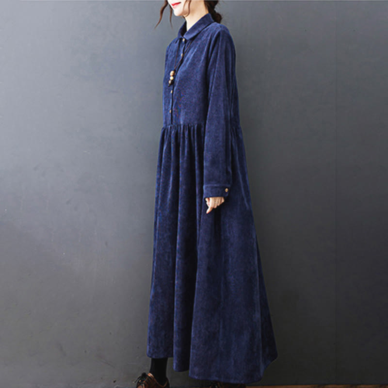 Buddha Stones Fall Buttons Design Long Sleeve Cotton Corduroy Midi Dress With Pockets - image 24