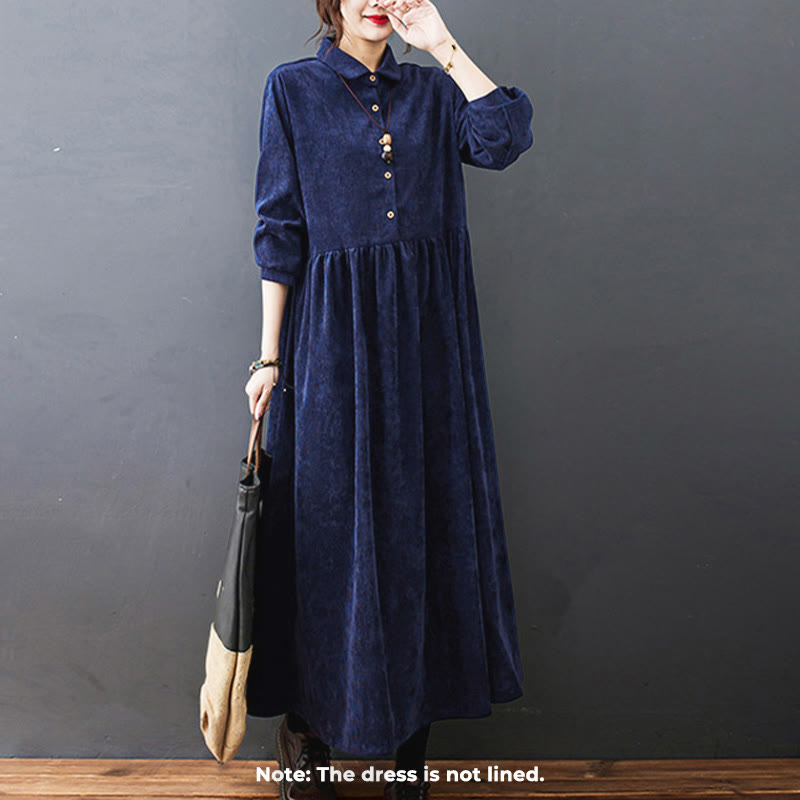 Buddha Stones Fall Buttons Design Long Sleeve Cotton Corduroy Midi Dress With Pockets - image 22